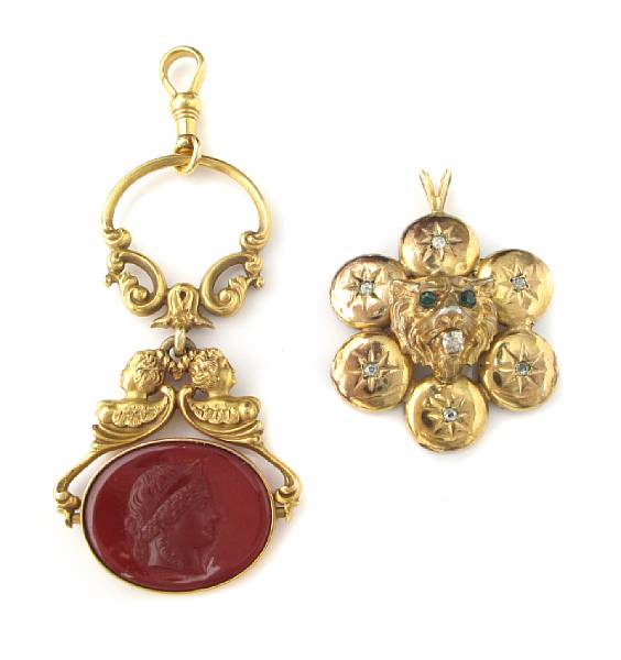 Appraisal: A carnelian and gold fob together with a diamond and