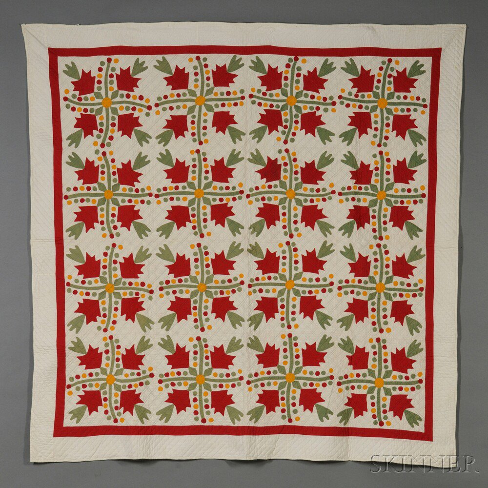 Appraisal: Pieced and Appliqued Cotton Oak Leaf and Berries Pattern Quilt