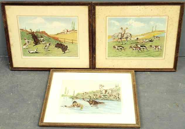 Appraisal: Three comical French equine cartoon engravings of foxhunters each pencil