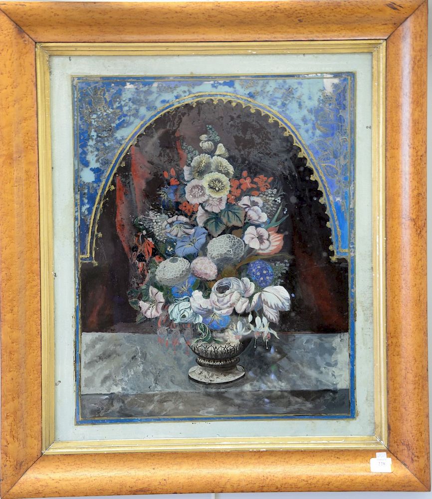 Appraisal: Reverse painting on glass of a urn with flowers in