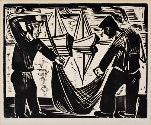 Appraisal: MAX PECHSTEIN Zwei Fischer mit Netz Woodcut on Japan paper