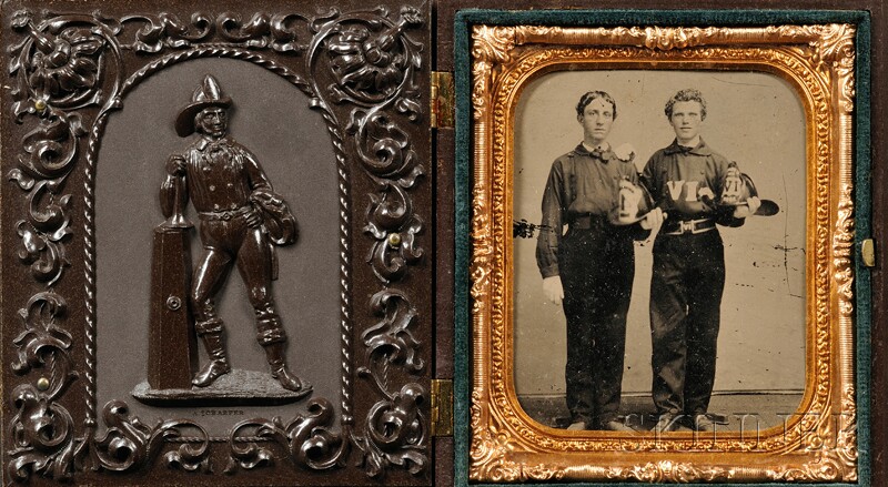 Appraisal: Sixth Plate Tintype Portrait of Two Standing Young Firemen in