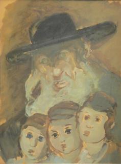 Appraisal: MANE-KATZ Gouache on Paper Rabbi with Three Children Signed upper