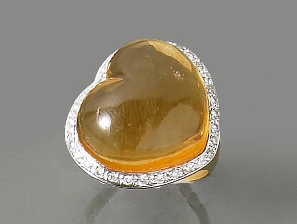 Appraisal: A heart shape citrine diamond and k gold ring