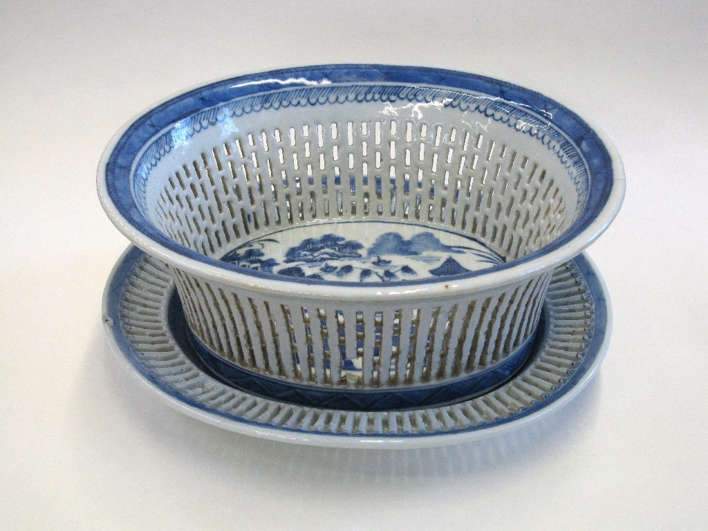 Appraisal: Oriental blue and white basket form dish and a similar