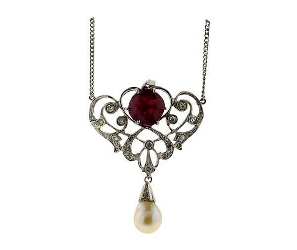 Appraisal: Platinum k Gold Diamond Pearl Red Stone Necklace METAL platinum