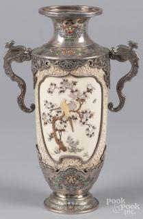 Appraisal: Japanese silver enamel and stone mounted ivory vase '' h