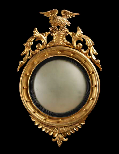 Appraisal: English Regency Carved Gilded and Parcel-Ebonized Wood Convex Looking Glass