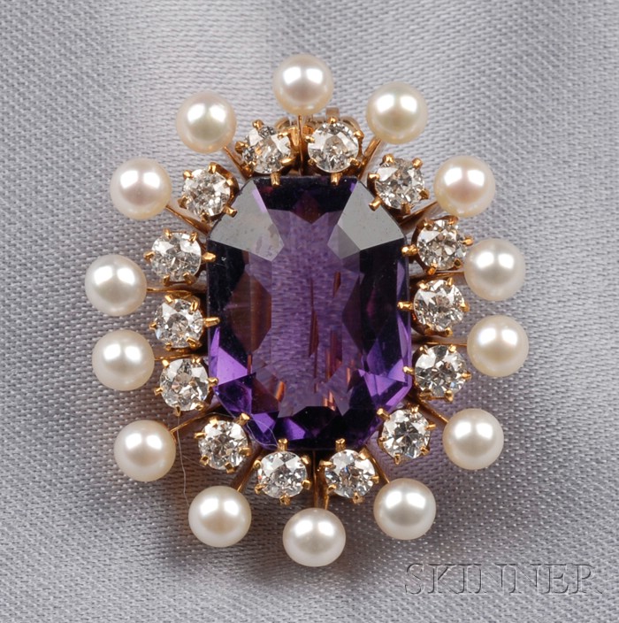 Appraisal: Antique Amethyst Diamond and Seed Pearl Pendant Brooch set with