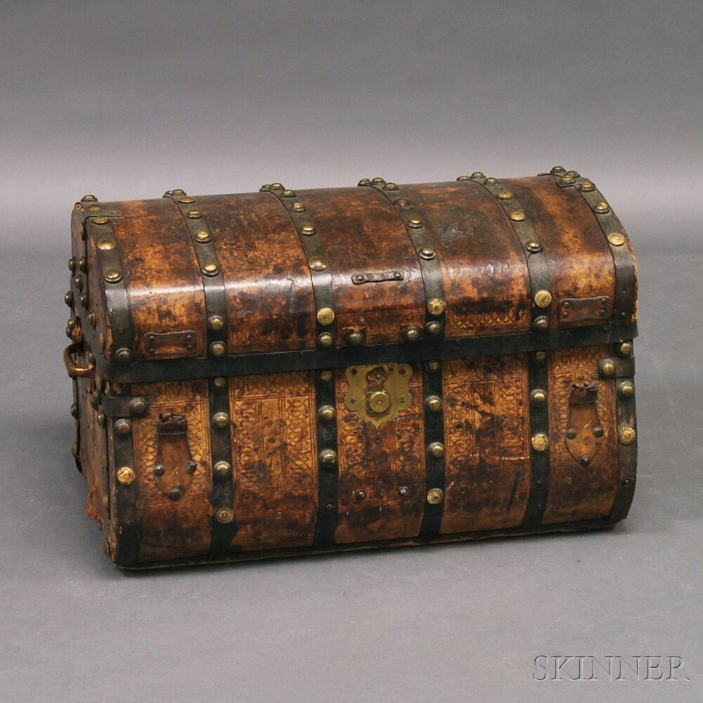 Appraisal: Continental Tooled Leather and Metal-bound Trunk late th early th