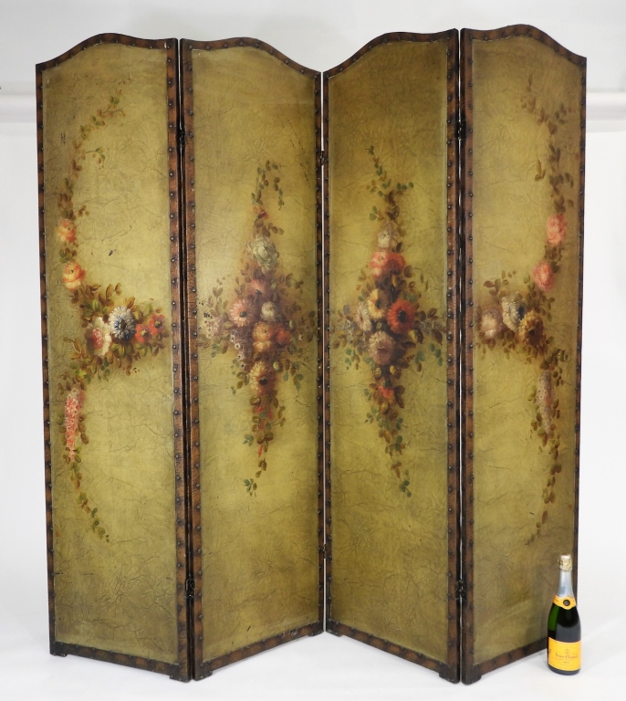 Appraisal: C EUROPEAN PAINTED BOTANICAL LEATHER ROOM SCREEN Europe th CenturyFour