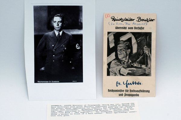 Appraisal: Bookplate signed Dr Goebbels in blue ink inscribed to Reichsleiter