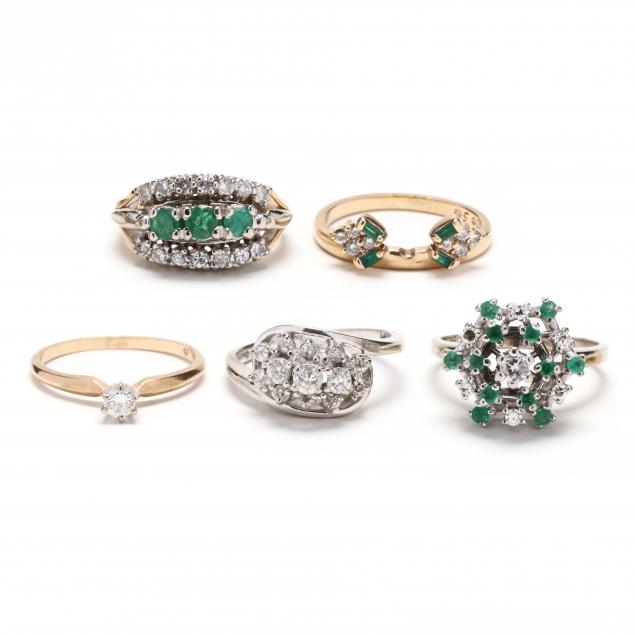 Appraisal: Five Gold and Gem-Set Rings To include a white gold