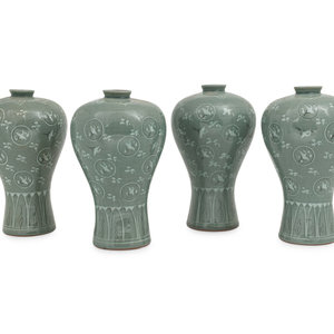 Appraisal: Four Korean Celadon Ground Porcelain 'Crane and Cloud' MaeByong Vases