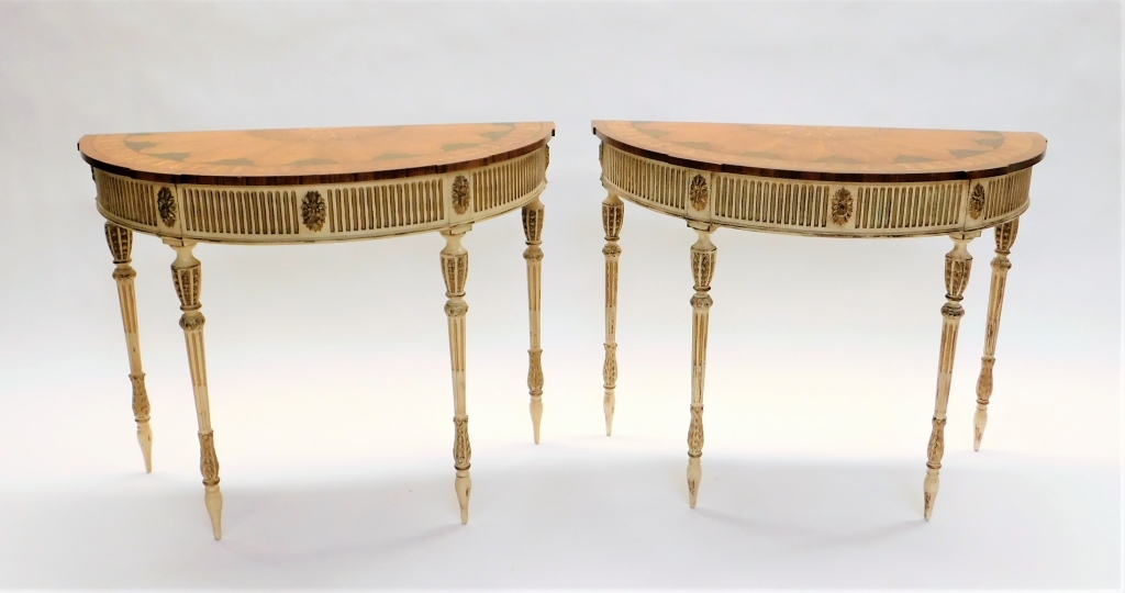 Appraisal: PR E J VICTOR BOTANICAL INLAY DEMILUNE TABLES United StatesCirca