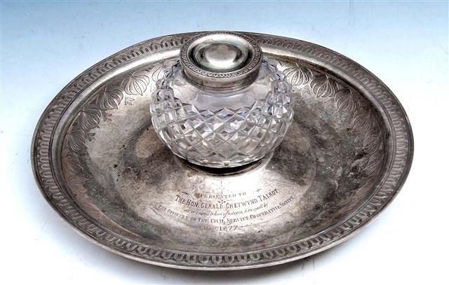 Appraisal: A VICTORIAN SILVER DESK STAND the circular tray with decorated