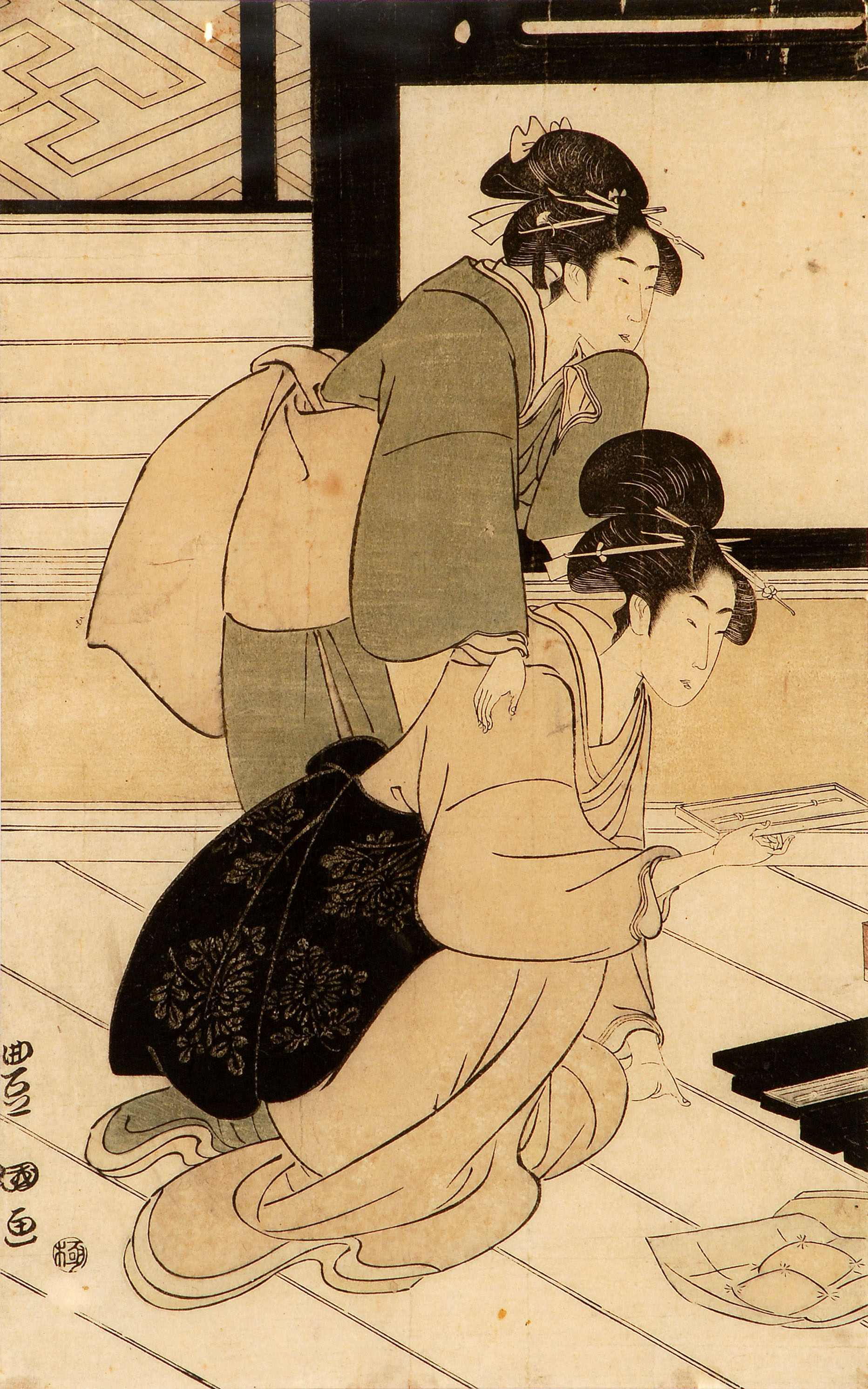 Appraisal: TOYOKUNI I Oban tate-eDepicting two ladies examining hairpins Framed ConditionSome