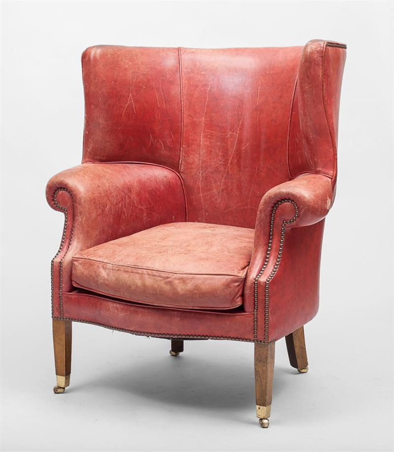 Appraisal: George III Style Leather-Upholstered Wing Armchair Modern x x in