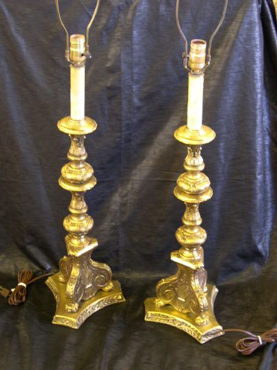 Appraisal: Large Pair of Italian Gilded Brass Tripodal Candlestick Lamps second