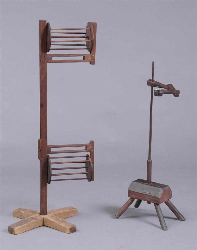 Appraisal: WOOD WOOL WINDER AND A CANDLESTAND The winder with two