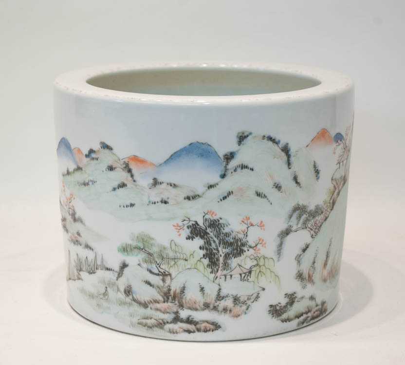 Appraisal: CHINESE QING QIAN JIAN PORCELAIN BRUSH POT with hand enameled