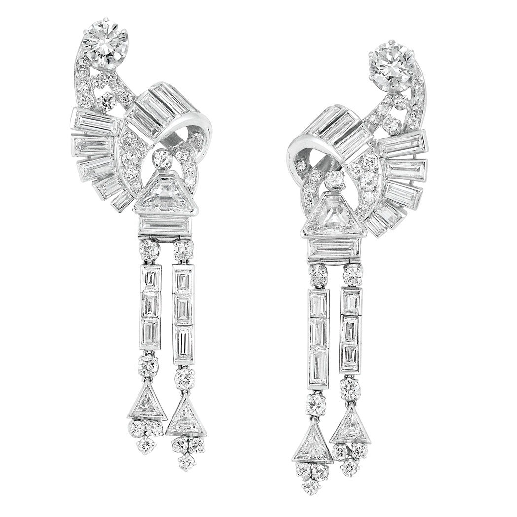 Appraisal: Pair of Art Deco Platinum and Diamond Pendant-Earrings The tops