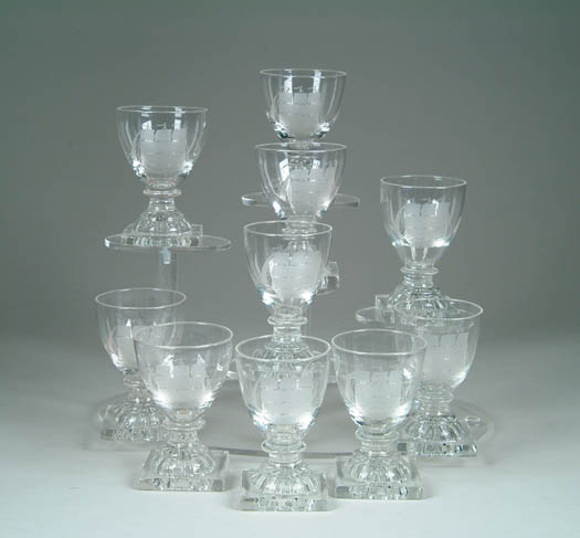 Appraisal: SET OF TEN CLEAR GLASS AND ENGRAVED RUMMERS Square lemon