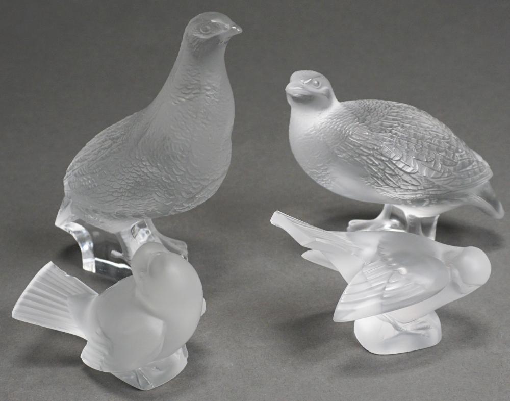 Appraisal: Two Pairs Lalique France Frosted Glass Quail Partridge and Sparrow