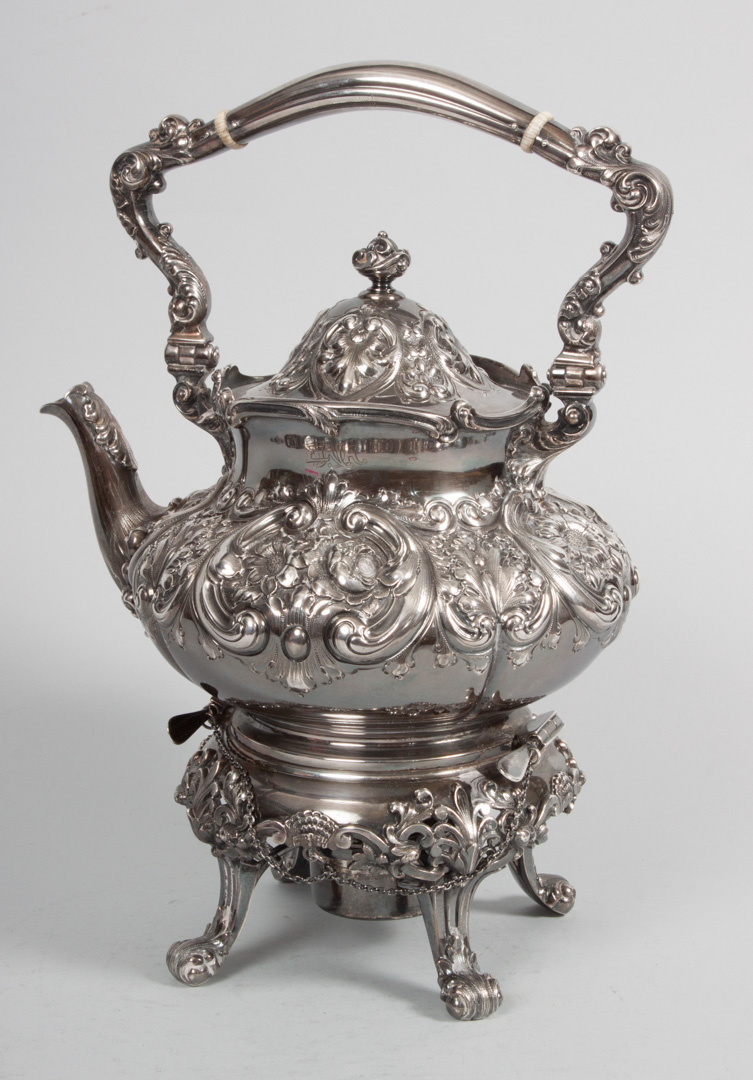 Appraisal: American repousse sterling hot water kettle stand Dominick Haff dated