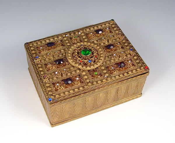 Appraisal: AUSTRIAN ETRUSCAN STYLE ''JEWELED'' BRASS BOX The hinged lid decorated