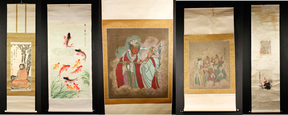 Appraisal: - Chinese Scroll Paintings Lot of five Chinese scroll paintings