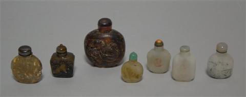 Appraisal: GROUP OF SNUFF BOTTLES Including a large amber bottle bothe