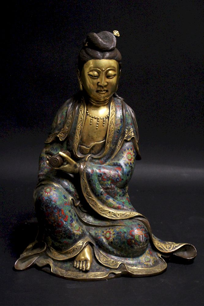 Appraisal: Chinese Cloisonne Parcel Gilt Guanyin Deated holding a scroll H