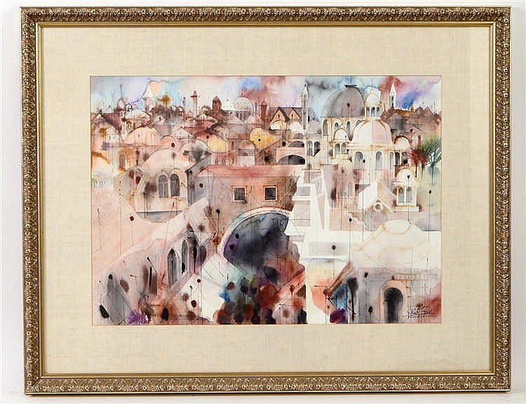 Appraisal: ARTIST UNKNOWN TH CENTURY Jerusalem Landscape Signed indistinctly Ink and