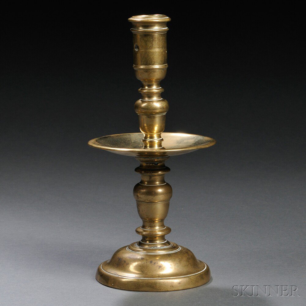 Appraisal: Dutch Brass Candlestick with Mid-drip Pan c with narrow extracting