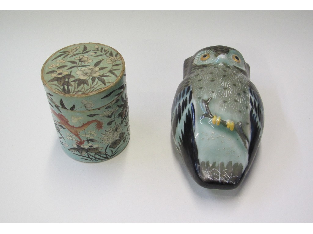 Appraisal: Celadon owl wall pocket and a dragon decorated cylindrical box