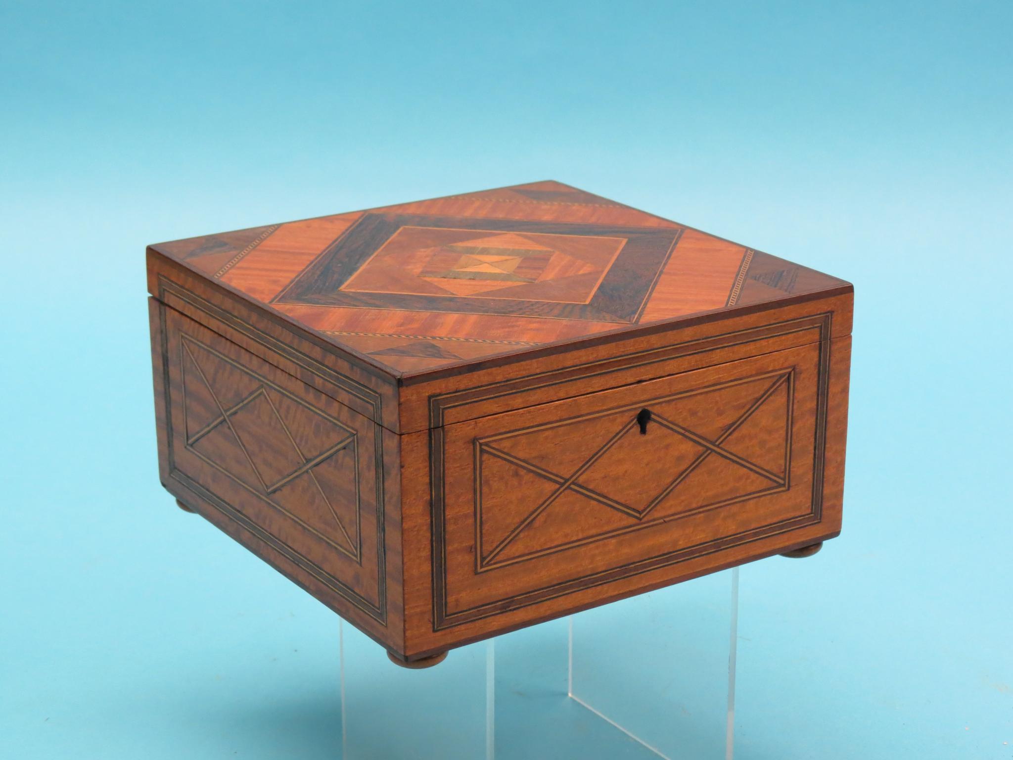 Appraisal: A th century parquetry box square-shape with geometric designs in