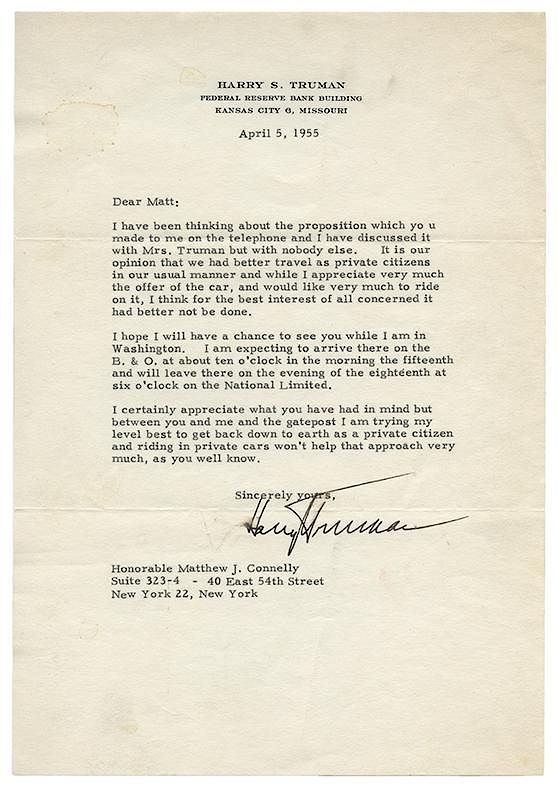 Appraisal: Typed Letter Signed to Matthew Connelly Truman Harry S Typed