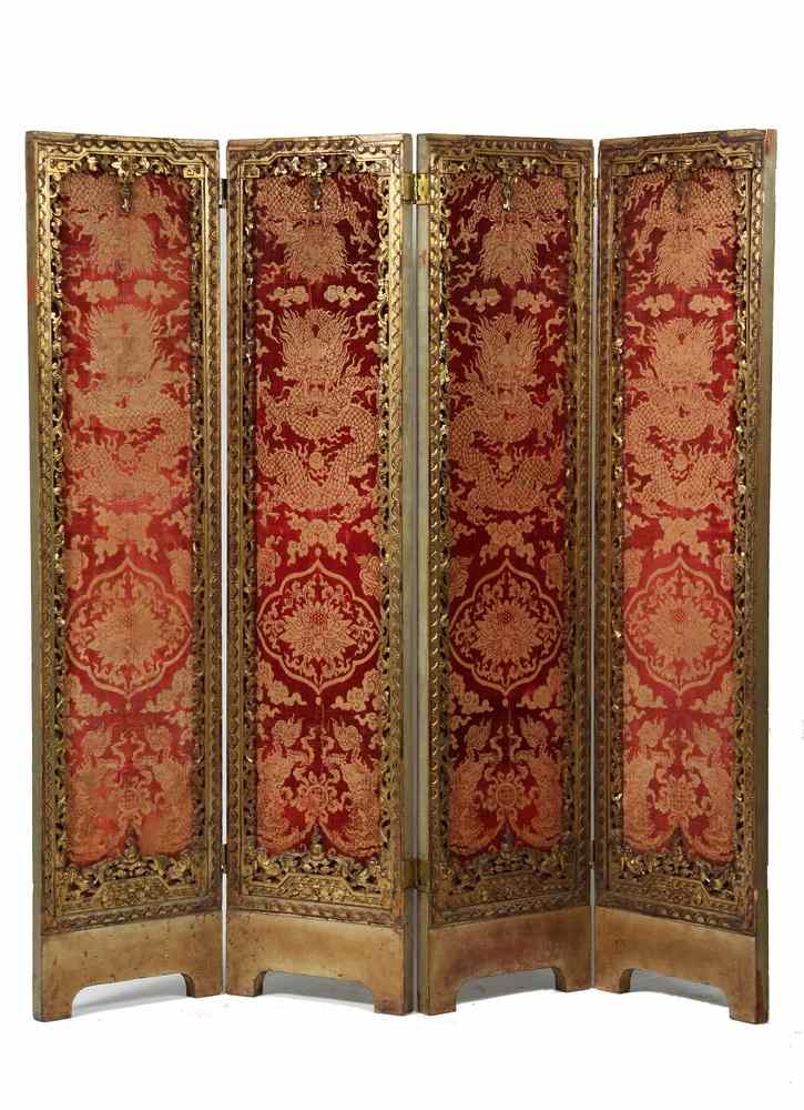 Appraisal: FOLDING SCREEN - Early th c four-panel folding screen carved