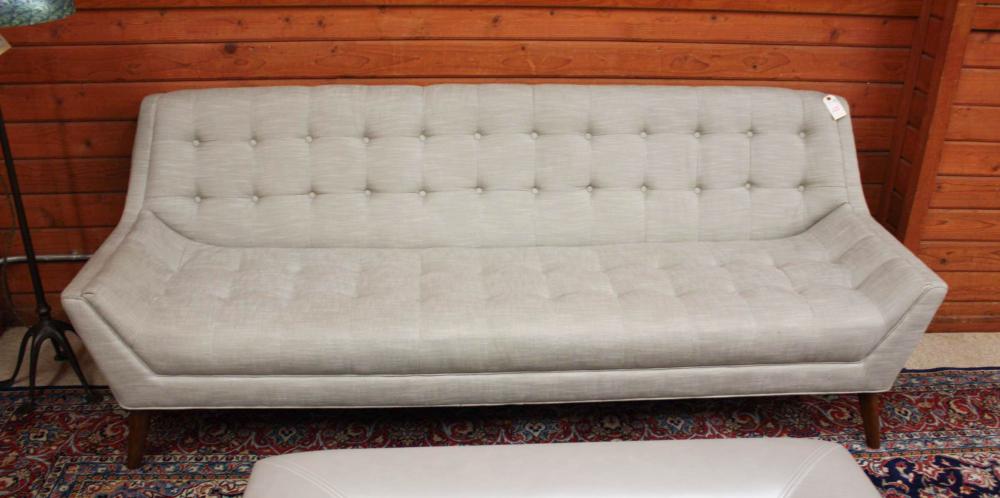 Appraisal: RETRO MID-CENTURY STYLE SOFA recent production gray fabric upholstery with