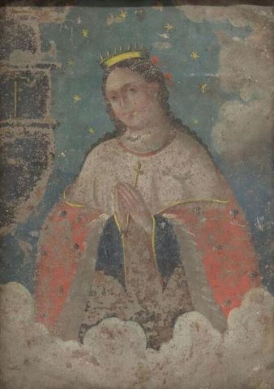 Appraisal: Framed oil on tin retablo Santa Elena Saint Helena depicted