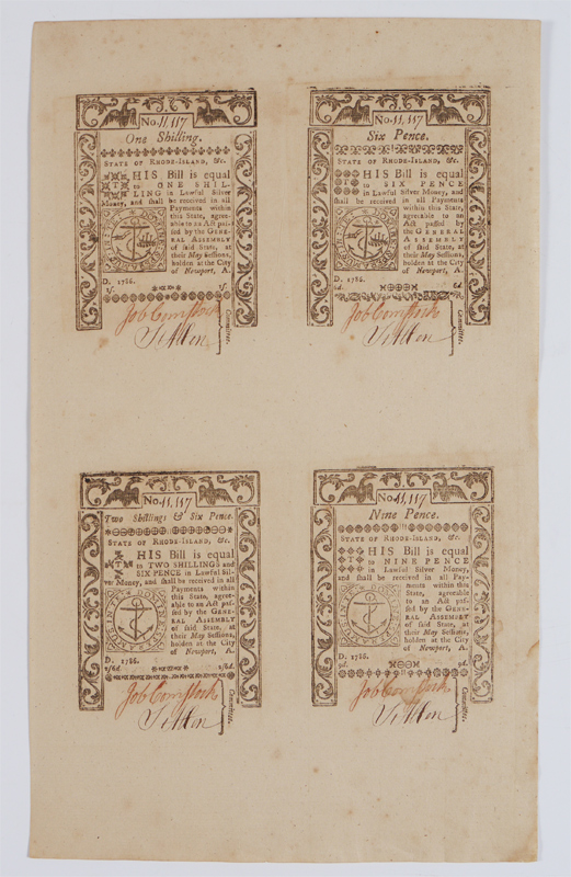 Appraisal: UNCUT SHEET OF RHODE ISLAND CURRENCY Full sheet colonial currency