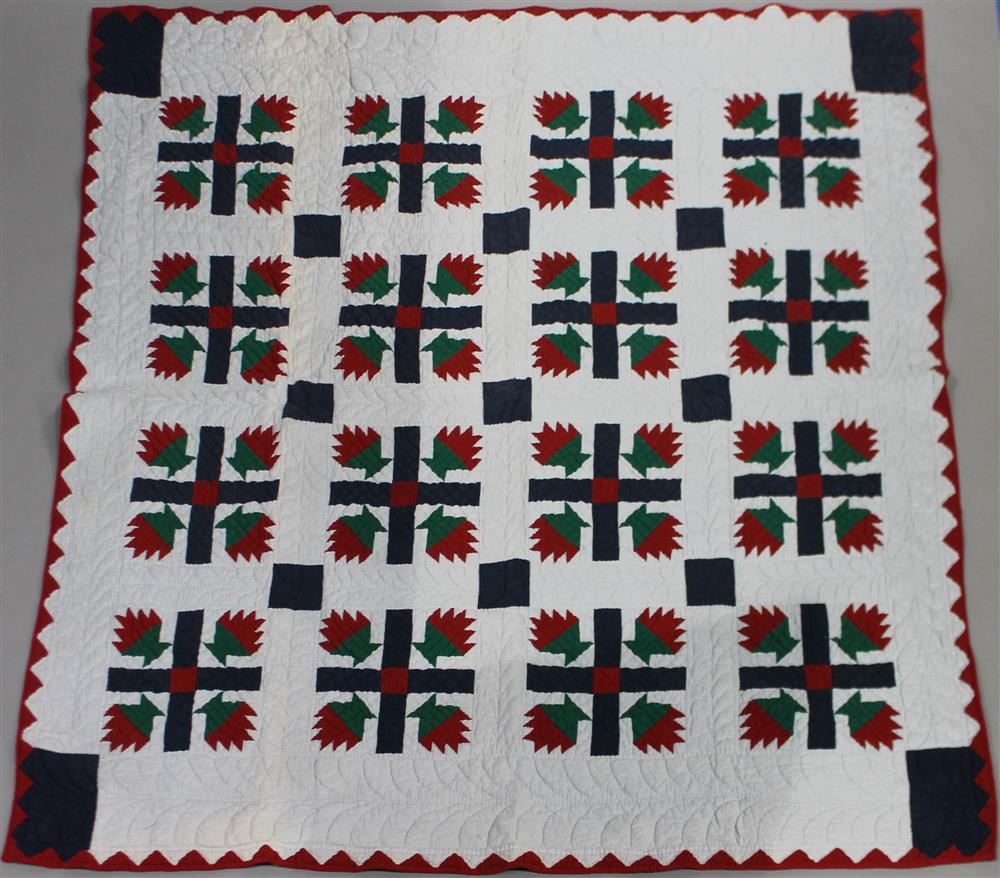 Appraisal: AN UNUSUAL ROSE OF SHARON DESIGN HAND APPLIQUE QUILT TOGETHER