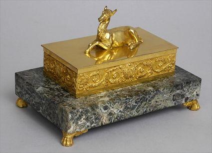 Appraisal: LOUIS XVI-STYLE GILT-BRONZE AND VERDE ANTICO MARBLE ENCRIER The lid