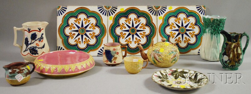 Appraisal: Set of Three Majolica Glazed Tiles and Nine Majolica Tableware