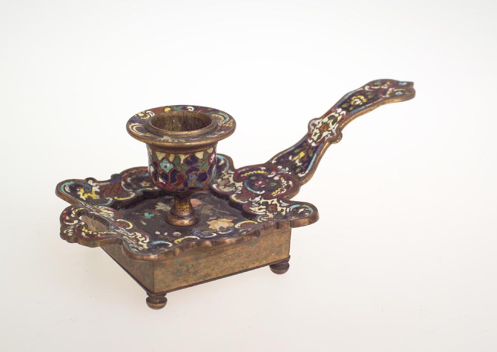 Appraisal: FRENCH CHAMPLEVE ENAMEL AND PIETRA DURA CHAMBERSTICK late th century