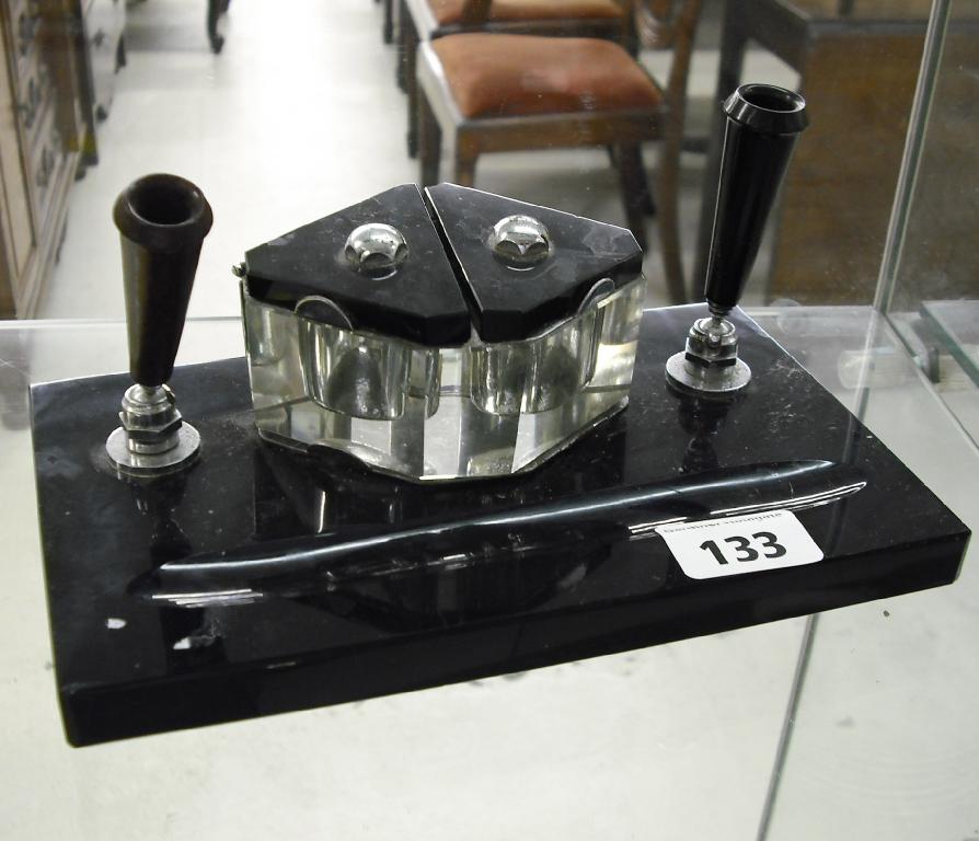 Appraisal: Art Deco inkstand in black slate with a central lozenge