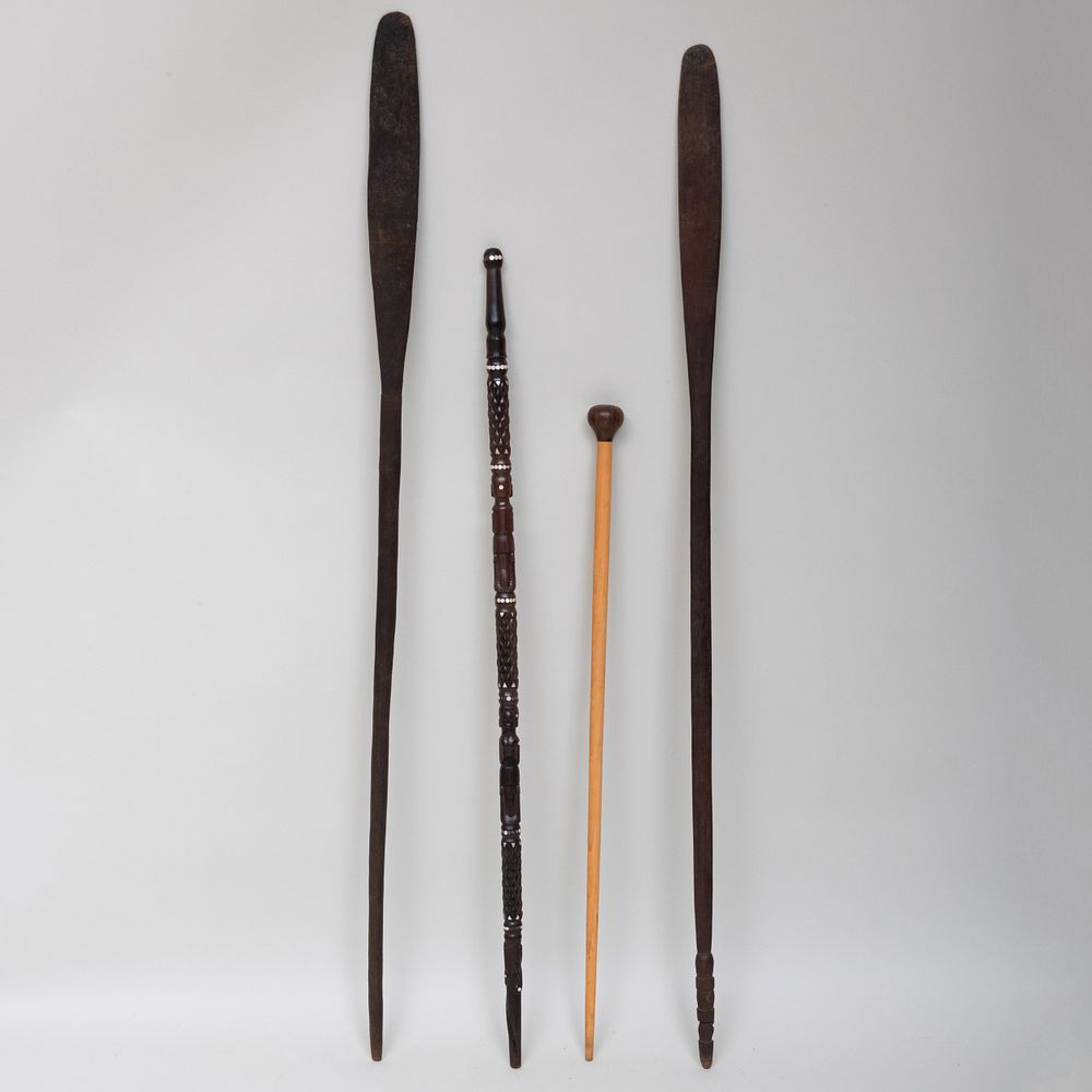 Appraisal: Ethnographic Walking Stick and Two Wood Paddles Together with a