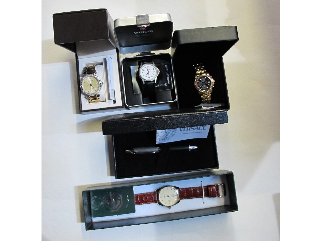 Appraisal: Lot comprising four modern gent's wrist watches and a Versace