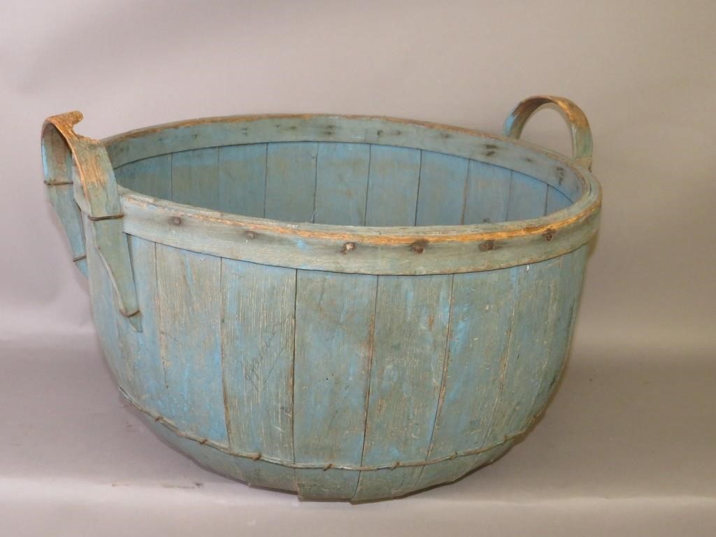 Appraisal: VINTAGE BLUE PAINTED TWO-HANDLE BUSHEL BASKETca - oak slat and